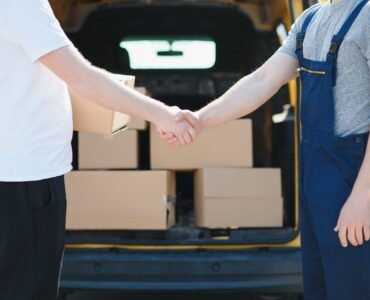 Delivery service send to customer receiving package. Delivery service send to customer receiving package