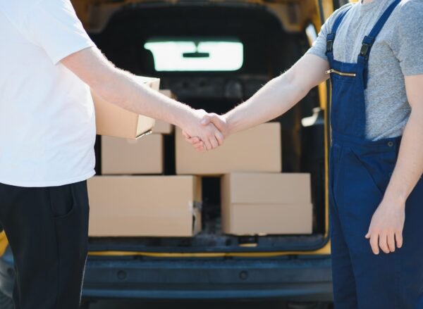 Delivery service send to customer receiving package. Delivery service send to customer receiving package